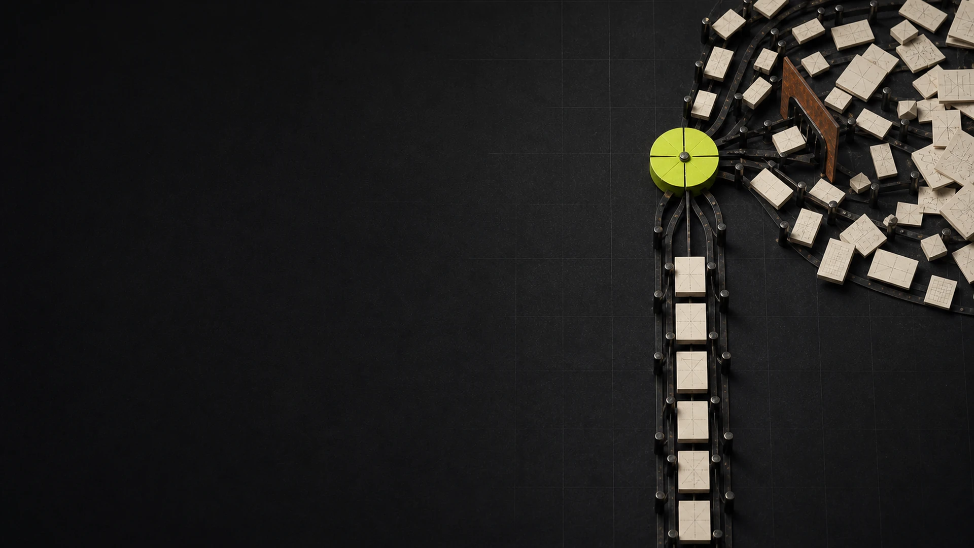 Scattered ivory evidence cards converge through a lime decision point into a controlled operational route on a dark systems grid.