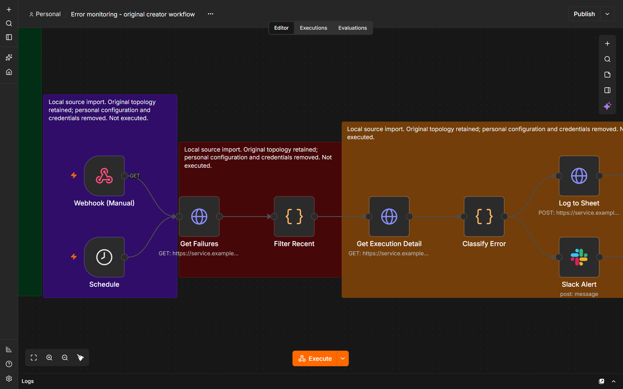 Original ErrorLens monitoring workflow in n8n