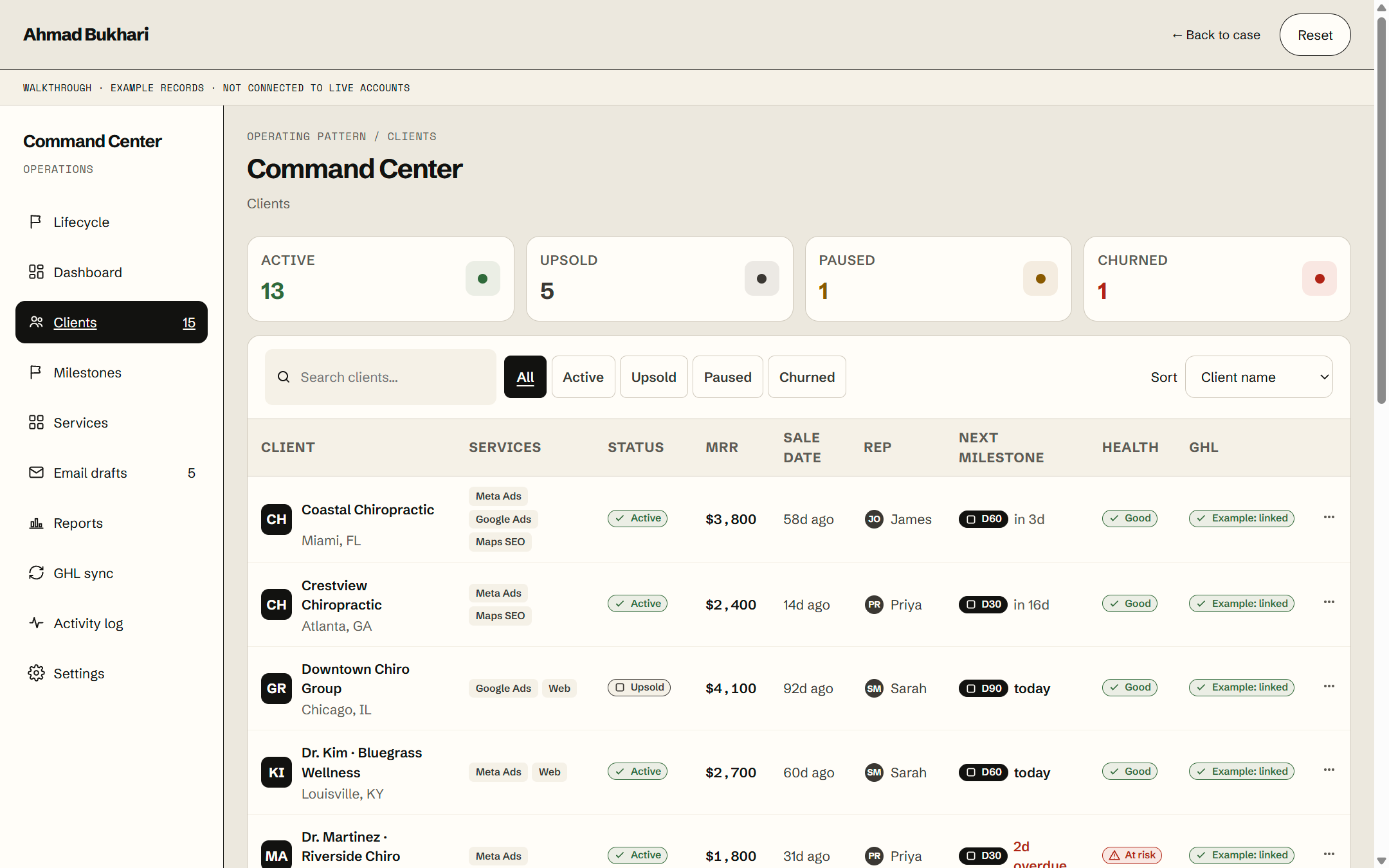 Clients and operating dashboard